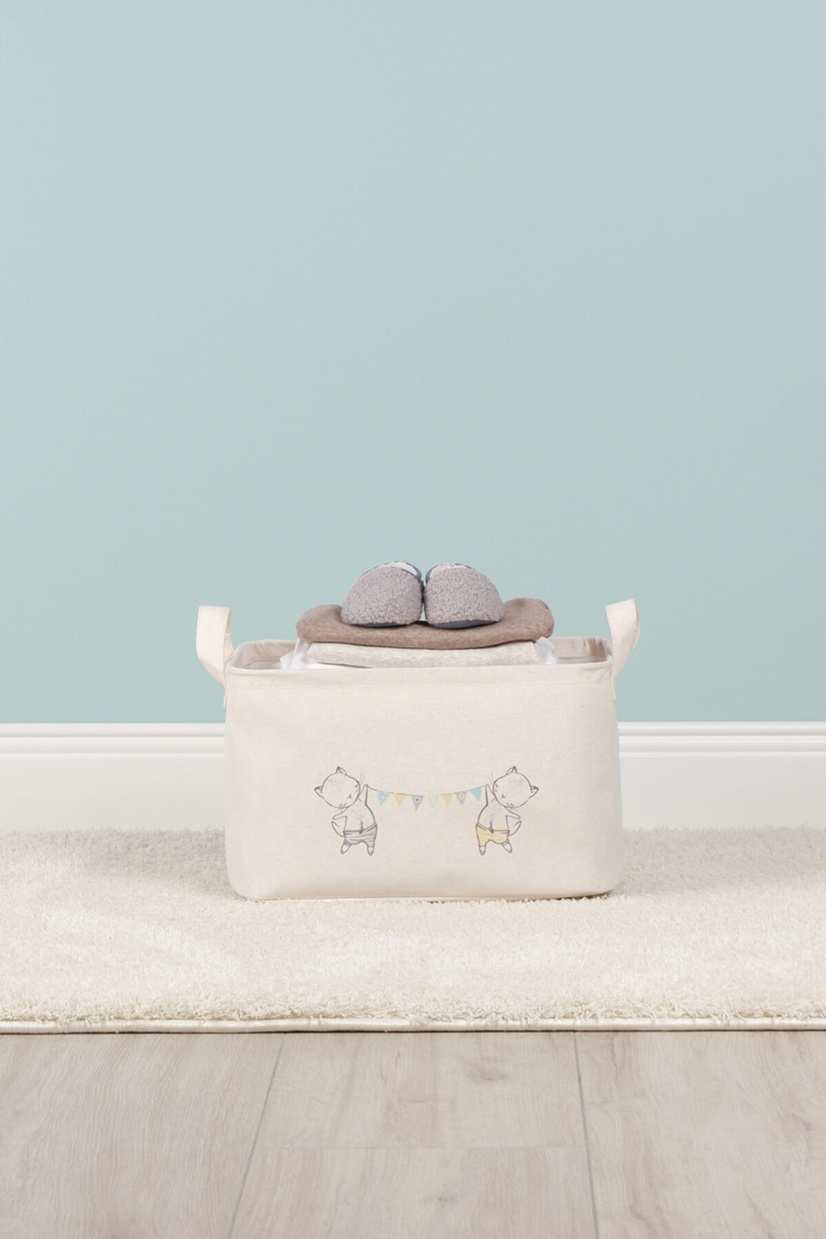 Ocean Home Textile Sevimli Kedi Baskılı Çocuk Odası Oyuncak Düzenleyici Kirli Çamaşır Sepeti 30x21x18