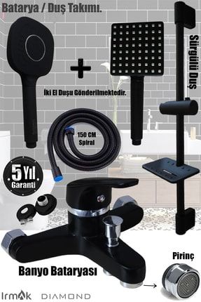 Irmak Siyah Banyo Bataryası, Sürgülü Duş Takımı Duş Başlıkları Spiral Armatür Musluk Batarya Seti BB4512-B5