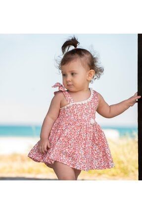 Kız Bebek Çiçek Desenli Ponpon Detaylı Elbise Takımı 21001