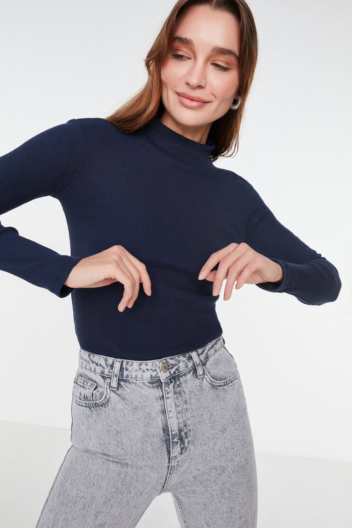 Trendyol Collection Granatowa, Dopasowana, Wysoki Kołnierz, Długi Rękaw, Prążkowana, Elastyczna Bluzka Z Dzianiny Kobieta - XL