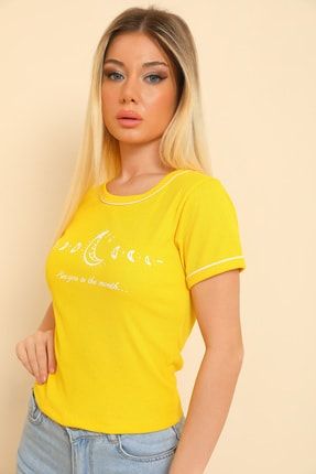 Sarı Kadın Likralı Bisiklet Yaka Kaşkorse Crop T-shirt P-036063
