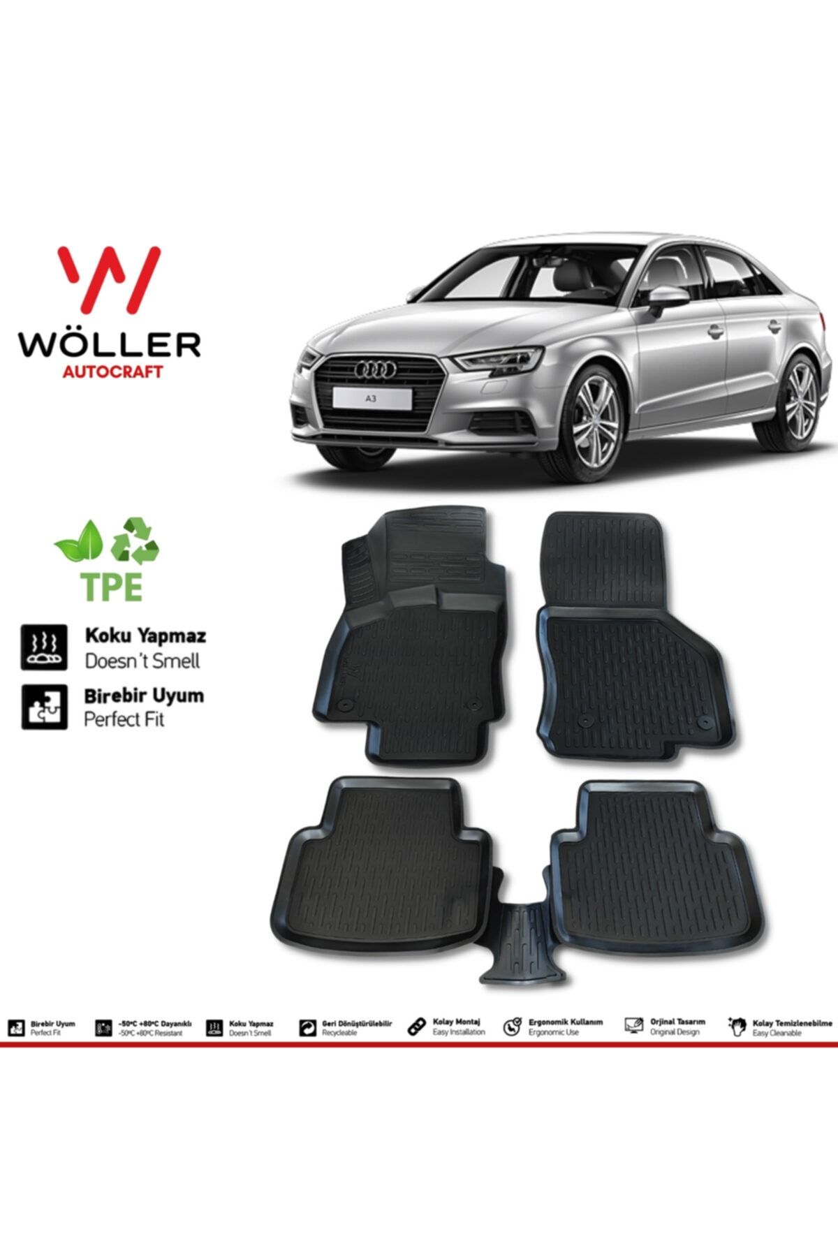 Напольный коврик Wöller Audi A3 седан, совместимый с 2013 по 2020 год, 3D-коврик для бассейна wöller3dpaspas002