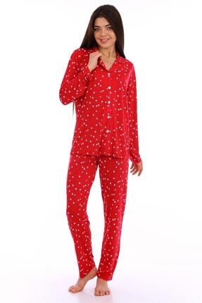 Bambu, Kırmızı, Boydan Düğmeli Kadın Pijama Takımı 55003