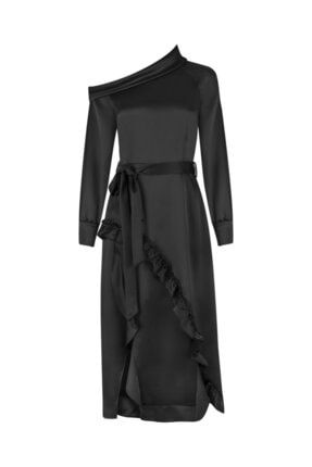 Cora Düşük Omuz Yırtmaçlı Saten Siyah Elbise cora