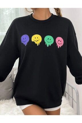 Unisex Oversize Siyah Emoji Sweatshirt TYC00365466706