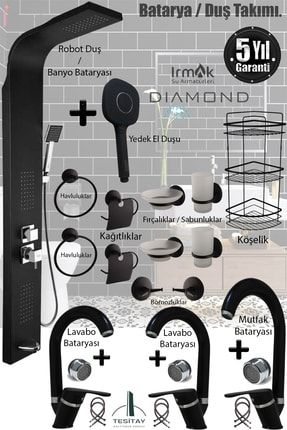 Banyo Lavabo Mutfak Bataryası Siyah Renk Batarya Aksesuar Takımı Robot Duş Seti Armatür,musluk Eviye BB51-N214