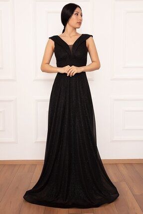 Astarlı Parlak Simli Kumaş Siyah Uzun Elbise 13280 BS-ESPE-13280