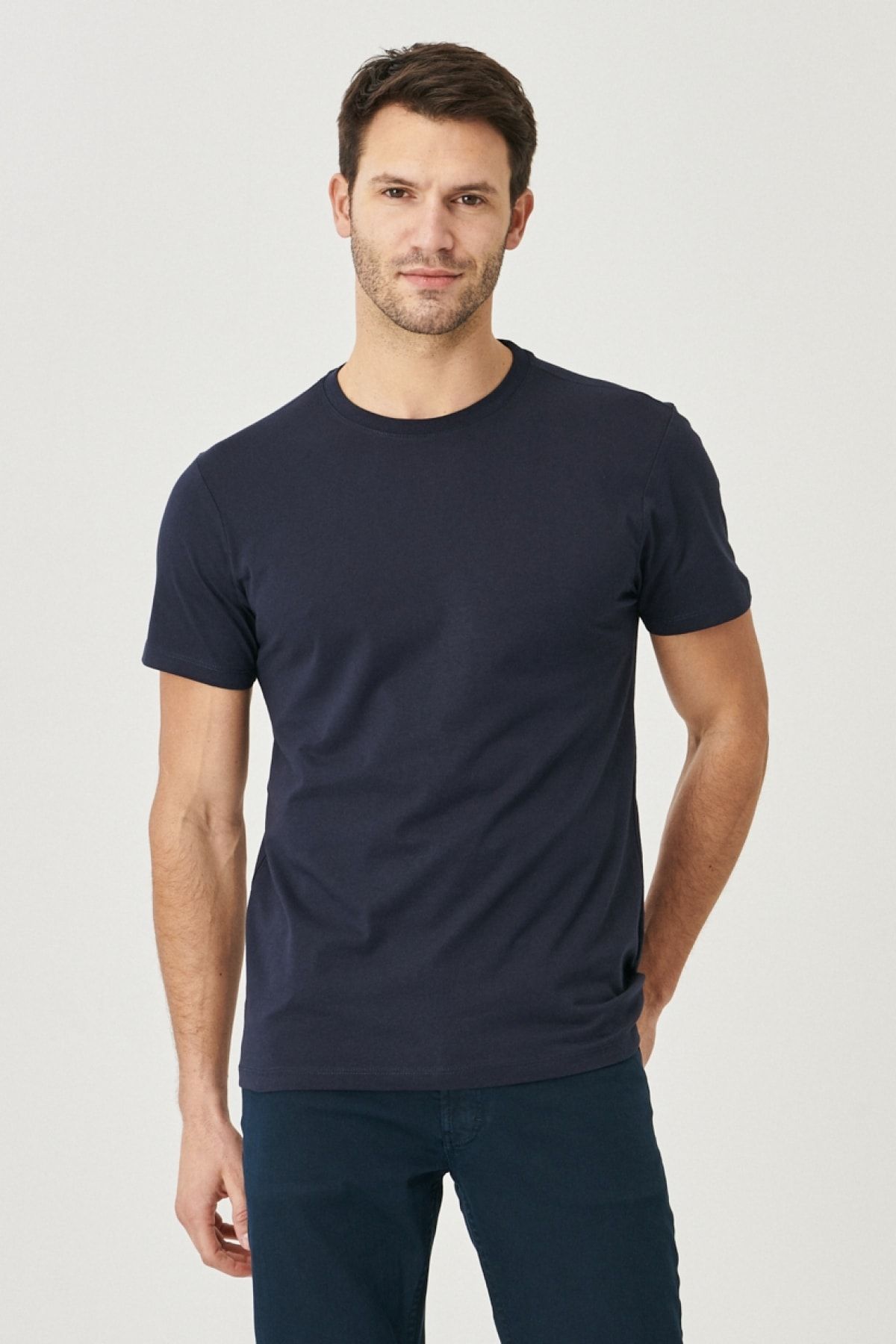 AC&Co / Altınyıldız Classics تی شرت آستین کوتاه یقه مردانه آبی 100% نخی و باریک