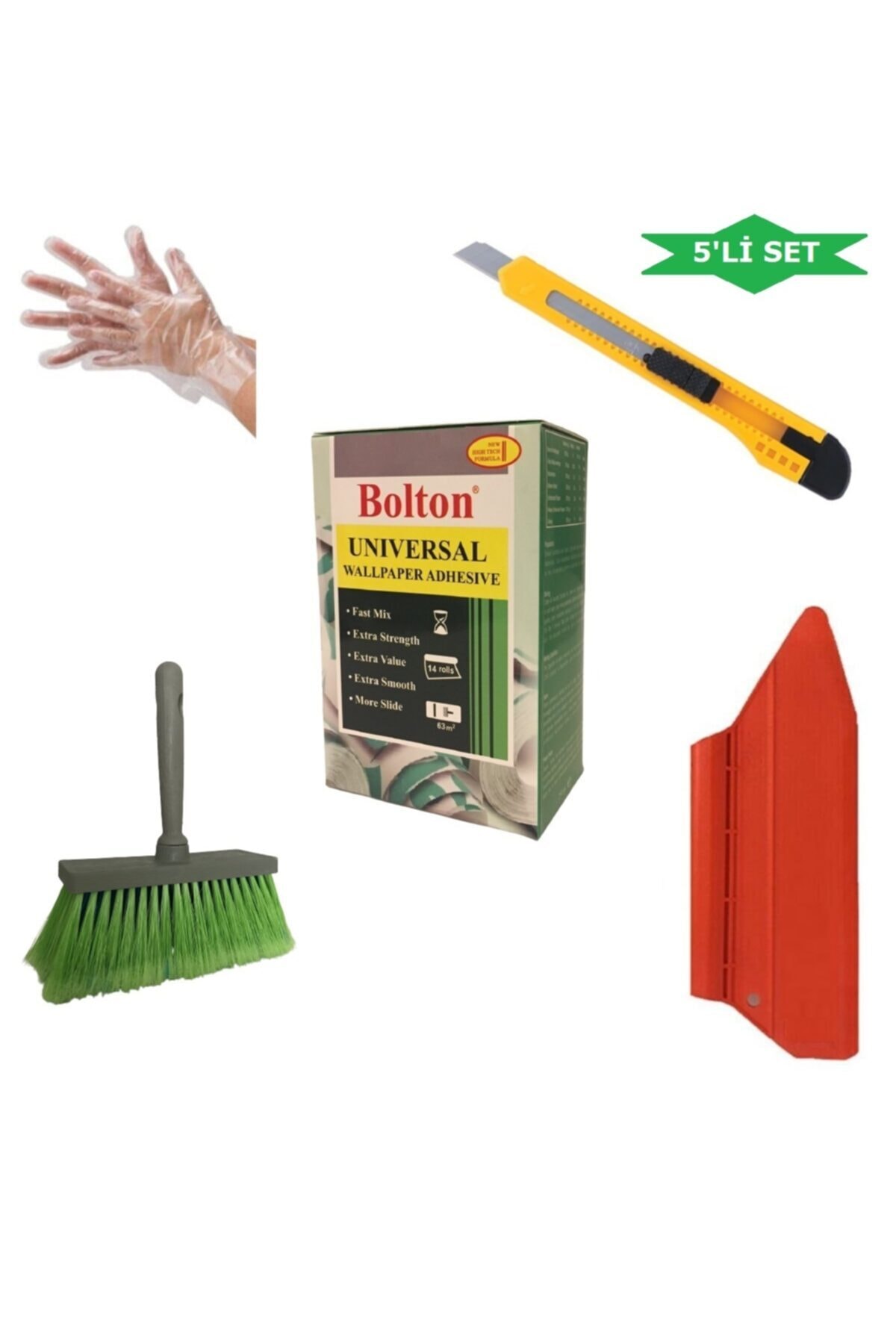 bolton 5'lü Set 250 Gr. Duvar Kağıdı Yapıştırıcısı (tutkal-fırça-spatula-falçata-şeffaf Eldiven )