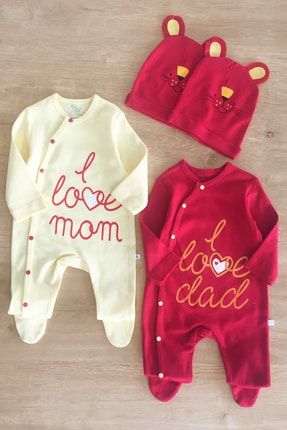 I Love Dad & Mom Taraftar Sarı Kırmızı Ikili Bebek Tulum Takım Ewc SK1002
