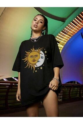 Kadın Siyah Güneş Ay Baskılı Oversize Penye T-shirt Tişört GÜNEŞ-AY-ARKMODA