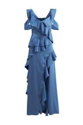 Lola Yırtmaç Detaylı Volanlı Mavi Saten Elbise LOLA