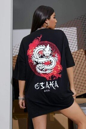 Kadın Siyah Osaka Dragon Japonca Baskılı Oversize Salaş T-shirt Kadın-Tshirt-OsakaJapon