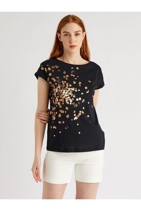 Kadın Siyah Sim Baskılı %100 Pamuk T-Shirt 9113-0002