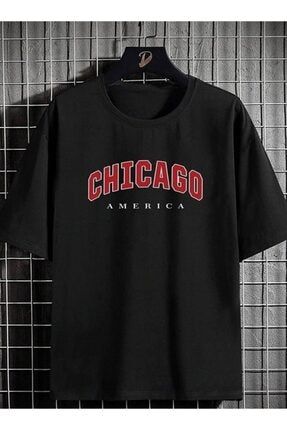 Oversize Unisex Chicago Amerika Logo Baskılı Tişört TS-CHCGOTSHİRT