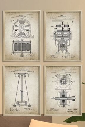 Doğal Çam Çerçeveli Duvar Tablosu Tesla Elektromanyetik Patent Seti 1888 Yılı BT4-X452