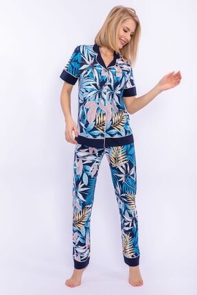 Yaprak Desenli Lacivert Kadın Gömlek Pijama Takımı PC8258-S