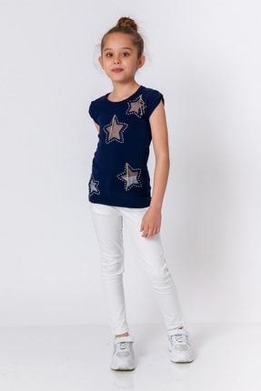 Kız Çocuk Tül Yıldız Detaylı Lacivert T-shirt 7863