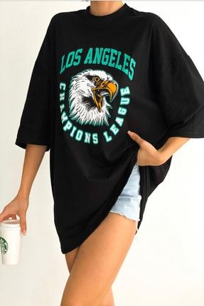 Pamuk Los Angeles Champions Tasarımlı Unisex Siyah T-shirt Championsangels