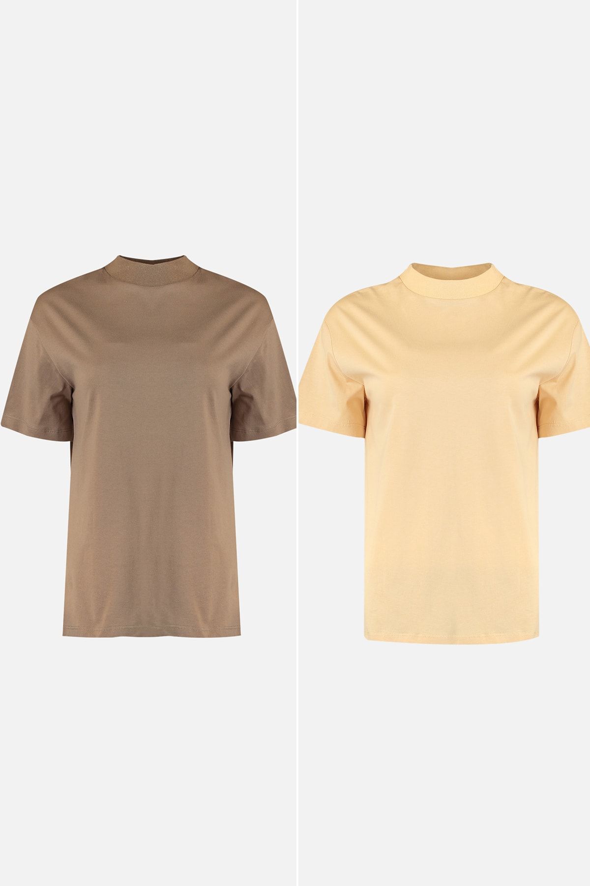 Trendyol Collection-Beige-Mink 2 Pack 100% Cotton Basic High Collar Knitted T-Shirt TWOSS20TS1500 6