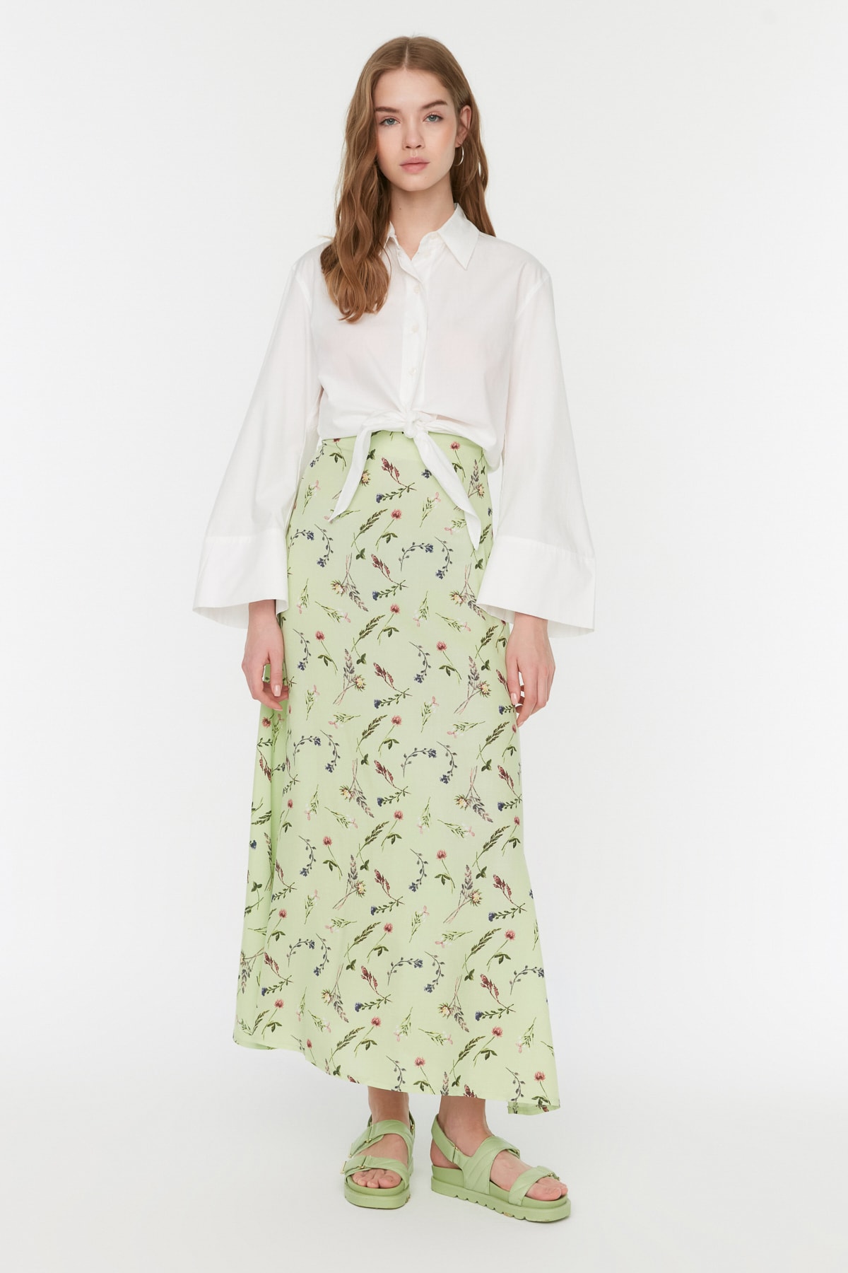 Trendyolmilla  Yeşil Çiçek Desenli Çan Dokuma Astarsız Etek TCTSS22EE0006 - Görsel 3