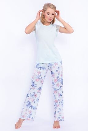 Çiçek Desenli Nil Mavisi Dantel Detaylı Kadın Pijama Takımı AR1899-S