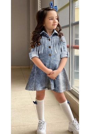 Kız Çocuk Püsküllü Denim Elbise MK02110K