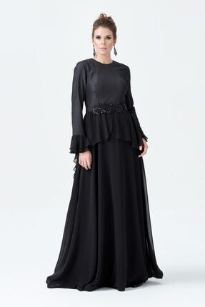 Kadın Siyah Şifon Uzun Abiye Elbise ELBİS-00128