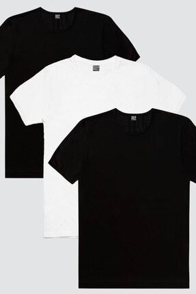 Erkek 2 Siyah, 1 Beyaz Düz 3'lü Eko Paket T-shirt 1M1BM901AX