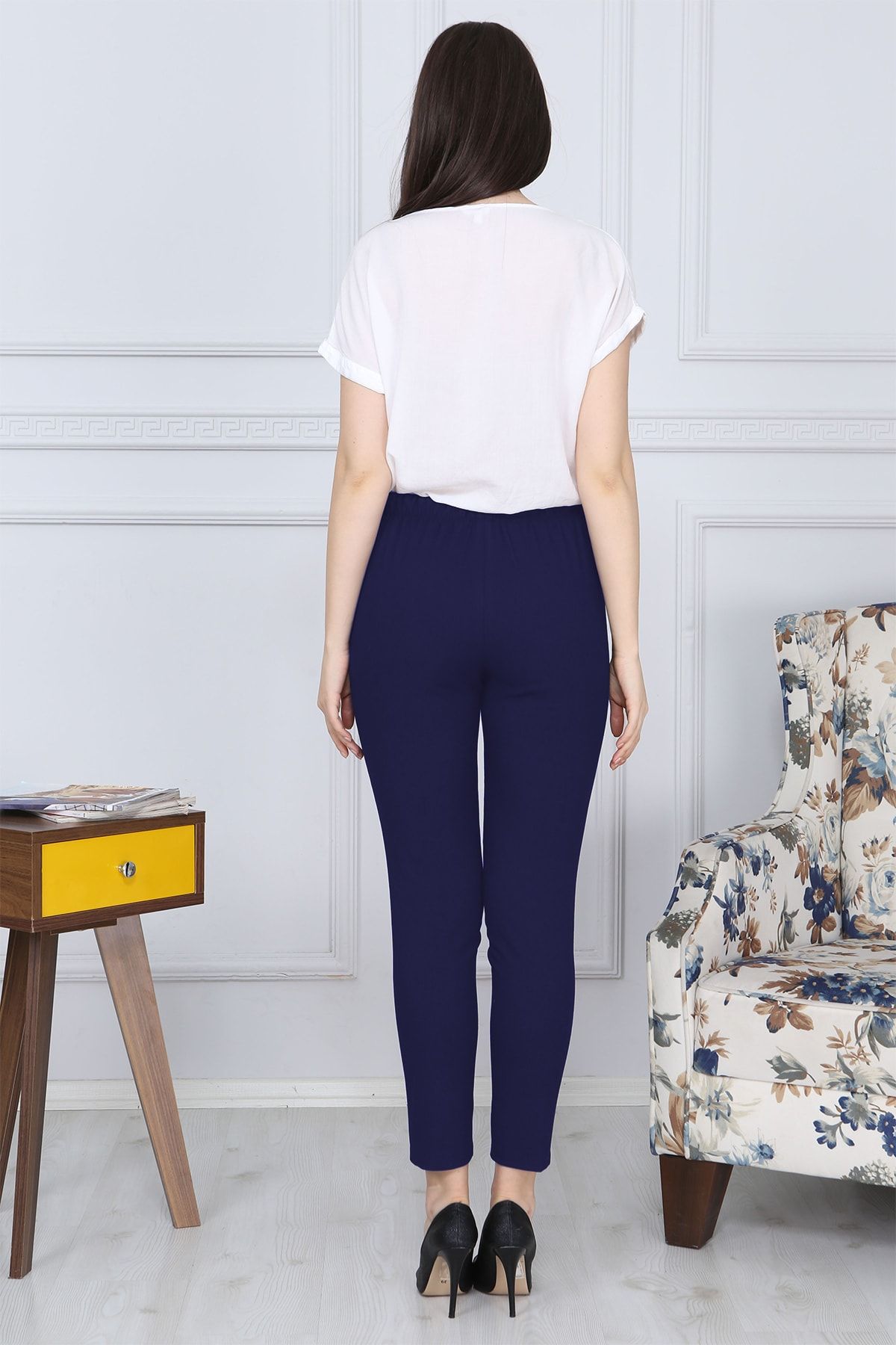 Gül Moda-Pantaloni de damă, albastru bleumarin, cu picior îngust, cu talie elastică, din material lycra, fără buzunare G004 4