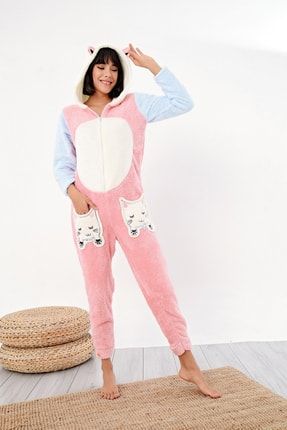 Pijamaevi Kadin Somon Kedi Desenli Polar Pelus Tulum Pijama Takimi Trendyol