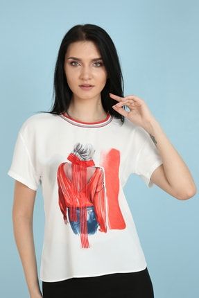 Kadın Kırmızı Baskıdan Kurdeleli Bluz ES118
