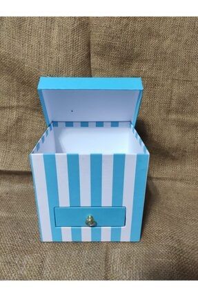 Mavi Renkli Beyaz Çizgili Çekmeceli Kutu Hediyelik Kutu Takılık Kutu MaviÇekmece