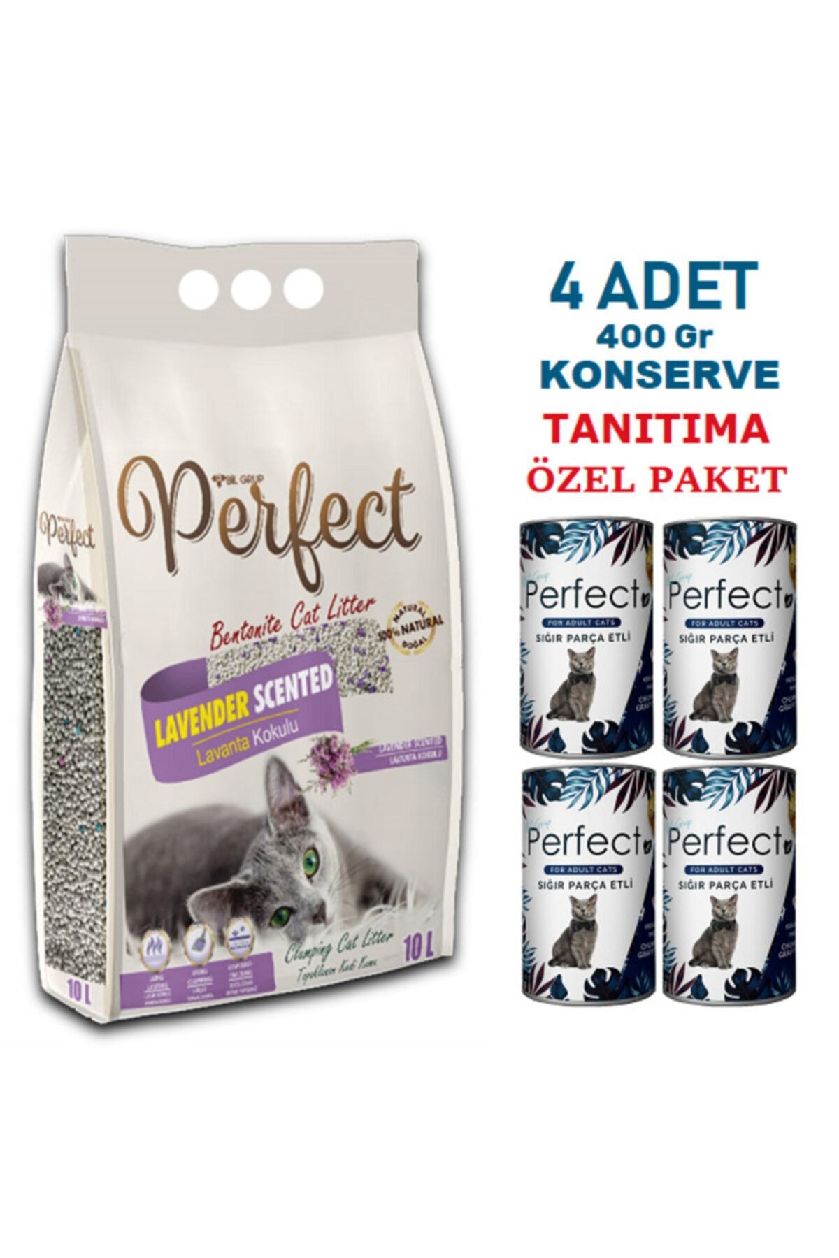 PERFECT 10 Lt Ince Lavanta Kokulu Kedi Kumu & 4 Adet Konserve Tanıtıma Özel Fiyat
