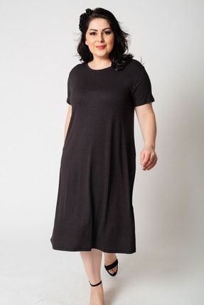 Kadın Büyük Beden Mini Puantiyeli Siyah Elbise 11031