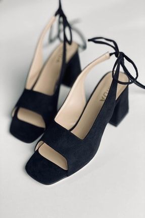 Siyah Süet Bağıcıklı Topuklu Ayakkabı Y710