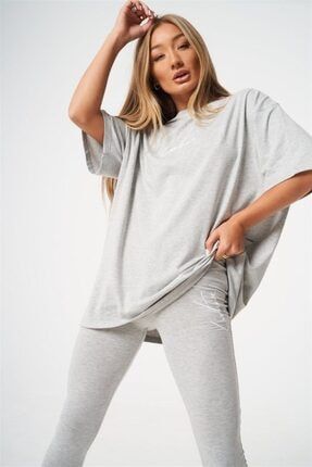 Unısex Oversize Nakışlı T Shirt-gri COUEY21WC06-012
