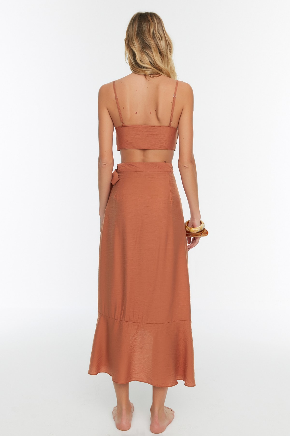 Trendyolmilla  Tarçın Dokuma Volanlı Plaj Bluz-Etek Takım TBESS21AU0312 - Görsel 5