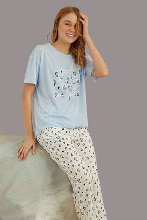 Kadın Mavi Kalp Desenli Pijama Takımı 500136