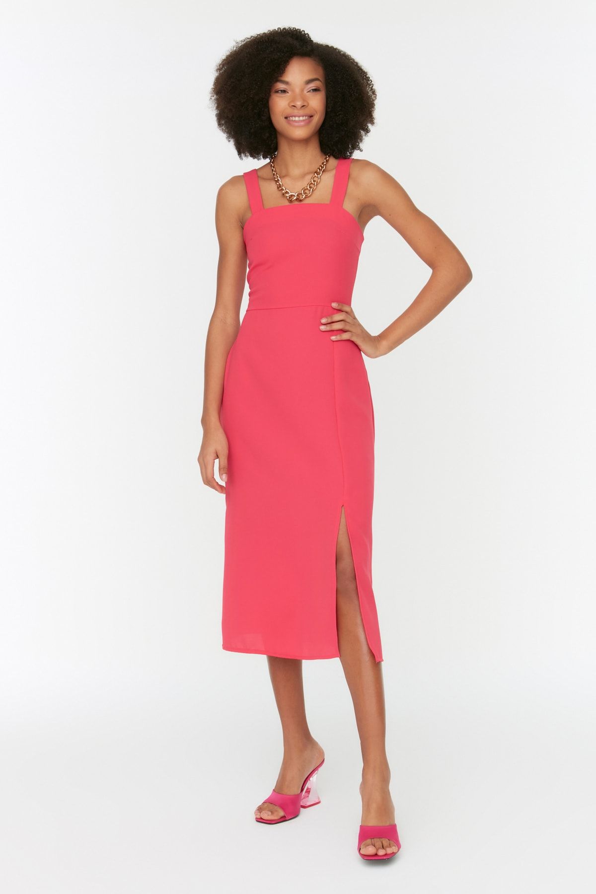 Trendyol Collection Fuchsiafarbenes gewebtes Kleid mit Tr gern