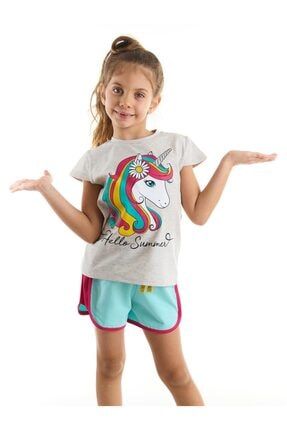 Çiçekli Unicorn Kız T-shirt Şort Takım MS-22Y1-050