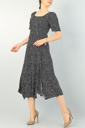 Siyah Yırtmaçlı Tasarım Dokuma Elbise 112168 W DNM-112168