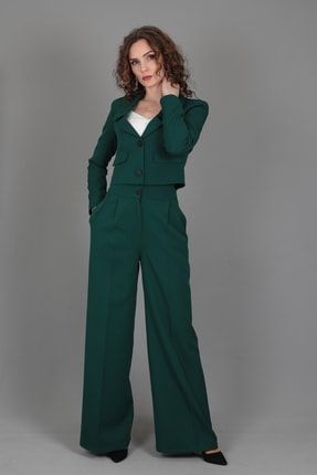 Düşük Yaka Mini Ceket & Yüksek Bel Pileli Bol Paça Pantolon Takım-yeşil 1055521