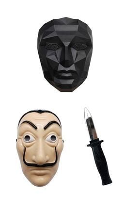 3 Lü Süper Set Squid Game Yönetici Maskesi La Casa Da Papael Salvador Maskesi Ve Şaka Bıçağı lmt-sqq5