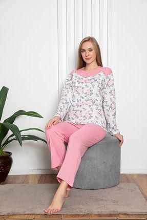Uzun Kollu Ince Çiçekli Mevsimlik Penye Bayan Pijama Takımı MNLN2070