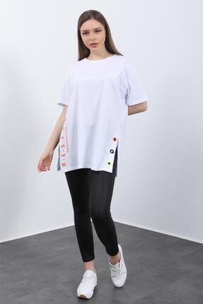 Kadın Beyaz Baskılı Kuş Gözlü T-shirt P-0000155