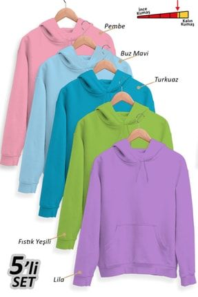 5'li Kışlık Unisex Kapşonlu Sweatshirt Seti (pembe, Mavi, Turkuaz, Fıstık Yeşili, Lila) T48716