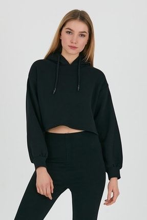 Kadın 3 Iplik Kapüşonlu Crop Sweatshirt Siyah 294PLST