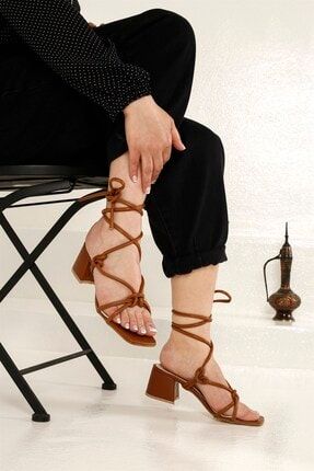 Kadın Bağlamalı Topuklu Sandalet Taba Cilt Z34001900037