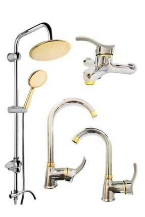 Lüx Krom Gold Robot Duş Mutfak Banyo Lavabo Prime Kalite 4’lü Batarya Musluk Çeşme Set LKHYTRBNMZA